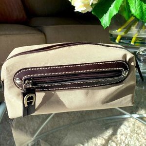 Etienne Aigner small make up cosmetic bag. Toiletries bag. Tan.